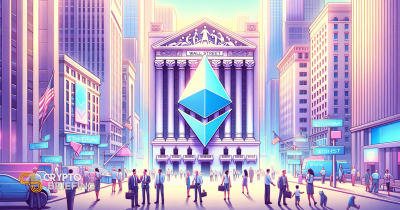 Logotipo de Ethereum destacado sobre Wall Street entre edificios altos, simbolizando la integración de la criptomoneda en las finanzas tradicionales.