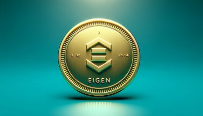 Token EIGEN dorado sobre gradiente verde azulado.