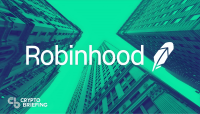 "Logo de Robinhood sobre un paisaje urbano con edificios altos vistos desde nivel del suelo."