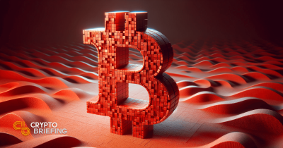 Símbolo de Bitcoin tridimensional y pixelado sobre un fondo de onda roja ondulante, que simboliza la volatilidad en los mercados de criptomonedas.